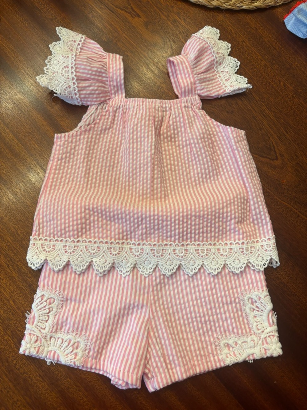 Rare Editions Pink and White Seersucker with Lace Trim Girls Matching Set